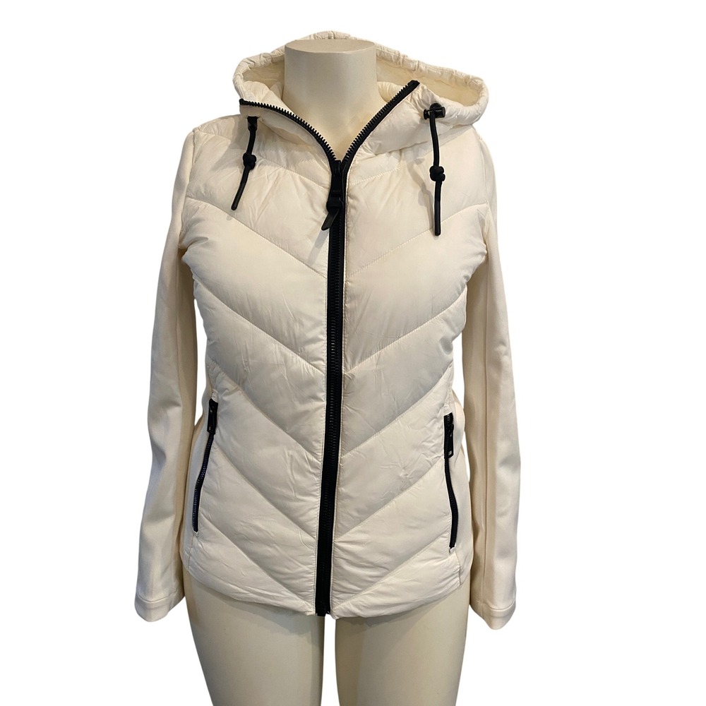 DKNY Sport Cream White Chevron Puffer Softshell Hooded Jacket Small Repreve Fill